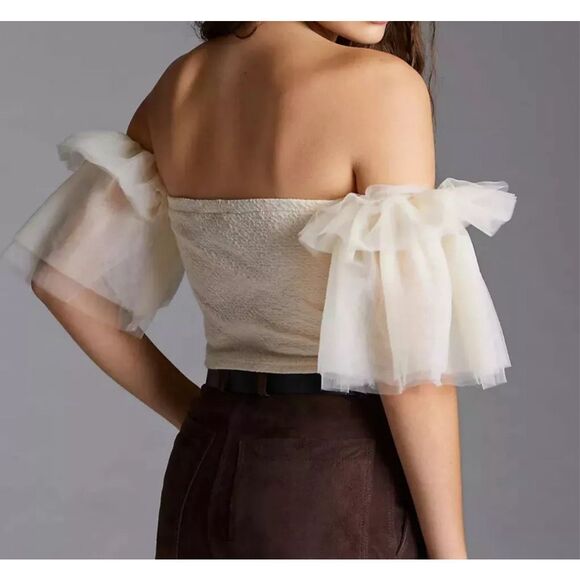 Anthropologie Cream Tulle Off-The-Shoulder Top LARGE - Picture 3 of 12